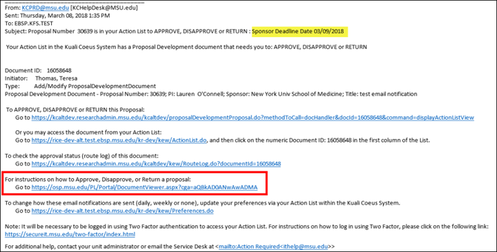 Link for approving, disapproving, or returning a proposal highlighted on an example proposal action list email