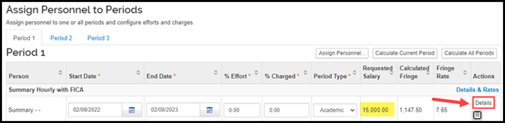 Assign personnel to periods and edit salary