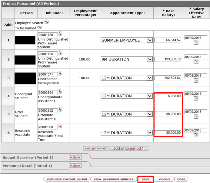 Base salary fields highlighted for example to be named personnel on Project Personnel panel