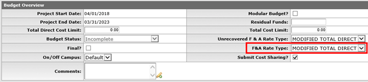 F&A Rate Type dropdown field indicated on the Budget Overview panel of the Parameters tab