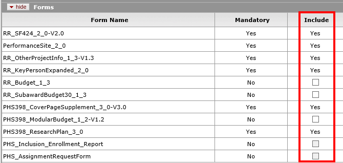 Forms subpanel with examples of user attached forms