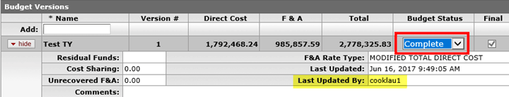 Budget Versions panel with a status of Complete selected in the Budget Status dropdown menu