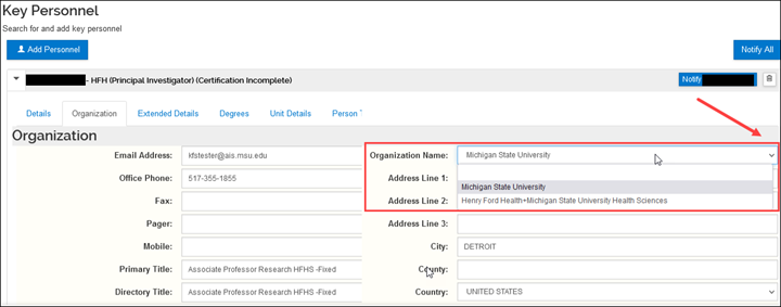 image showing new field on key person form for org name