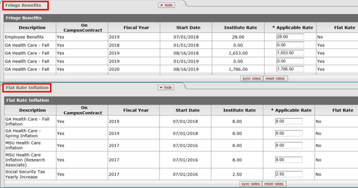 Sync Rates button indicated on the Fringe Benefits and Flat Rate Inflation panels