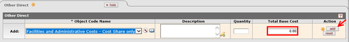 Other Direct subpanel with the add button being used to include F&A cost share as an indirect expense