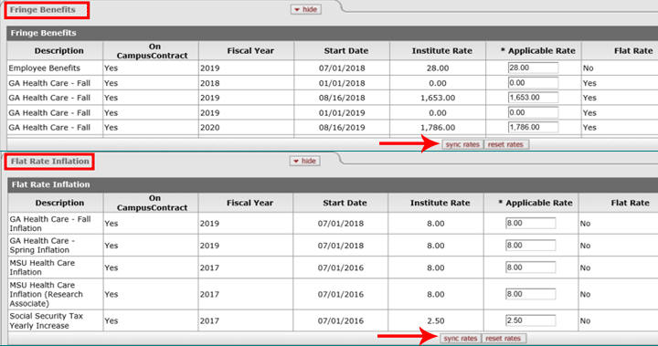 Sync rates buttons indicated on the Fringe Benefits and Flat Rate Inflation panels