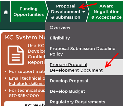 Arrows on main SPA website menu showing how to get to the new User Attached Forms webpage by choosing the Proposal Development and Submission option and then selecting Prepare Proposal Development Document from the dropdown