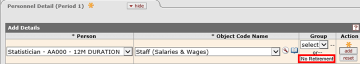 No Retirement button highlighted in the Group column of the Personnel Detail panel