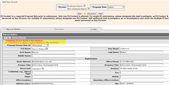 Validation error message for missing credential, e.g. agency login on example Person Details panel