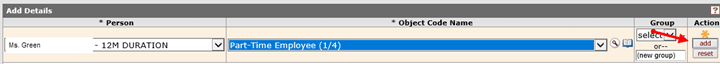 Example showing Ms. Green added as a part-time employee (one quarter) in the Add Details subpanel of the Personnel Detail panel