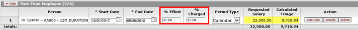 37.5 percent entered in the Effort and Charged fields of the Part Time Employee (three quarters) subpanel to illustrate a fifty fifty split appointment