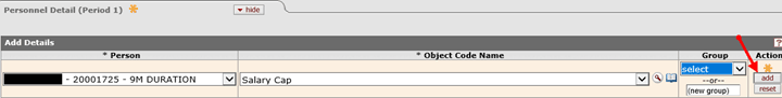 Example of faculty added to the budget in the Personnel Details panel without inflation applied