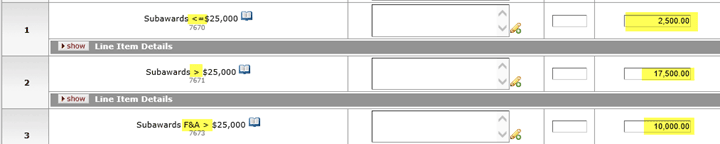 Example year two object codes showing Direct Costs for less than or equal to $25,000 as well as another line item for direct costs over $25,000; F&A Cost has been entered for over $25,000