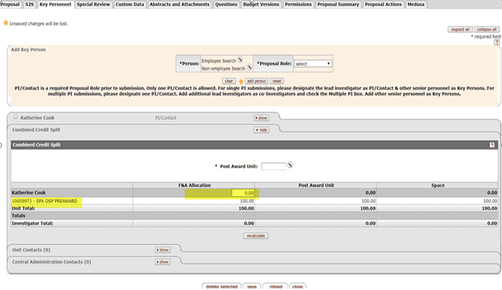 F and A Credit Allocation field highlighted on the Combined Credit Split panel