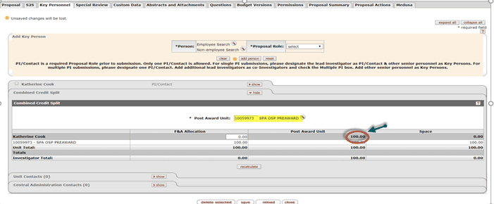 New post award field and lookup highlighted on the Combined Credit Split panel