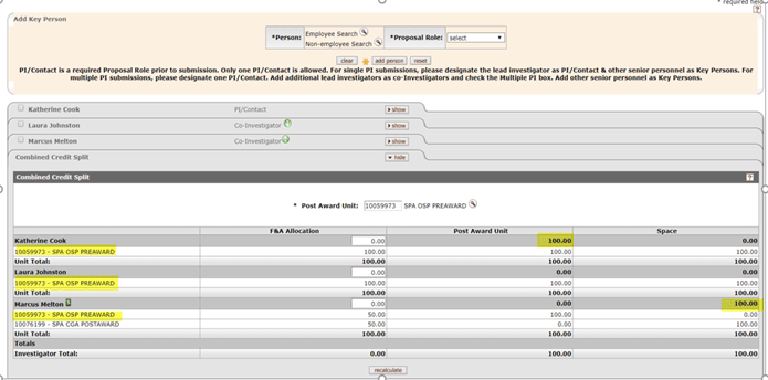 All three example key persons highlighted on the Combined Credit Split panel with only one of the example key people having a space credit