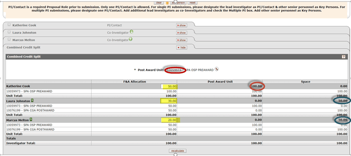 Example of Combined Credit Split panel with all of the fields completed