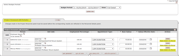 New Base Salary by Period links highlighted on the Project Personnel (All Periods) panel