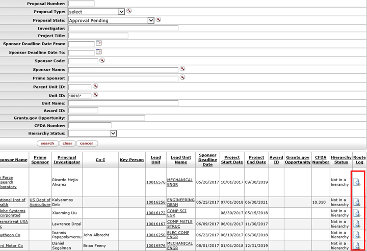 Example proposal list with route log icons indicated