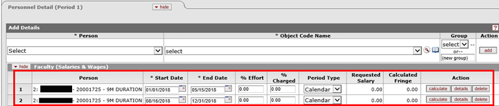 Example of a person with a nine month appointment added to the Personnel Detail panel