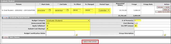 Apply to later periods button highlighted on the Graduate Student panel