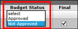 Budget Status dropdown showing the Approved and Not Approved options