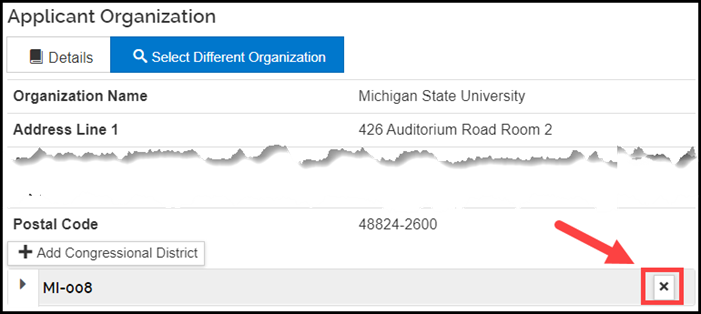 image showing the x button for deleting the previous congressional district in settings