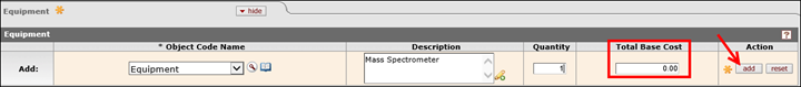 Equipment details can be added including object code name, description, quantity and total base cost