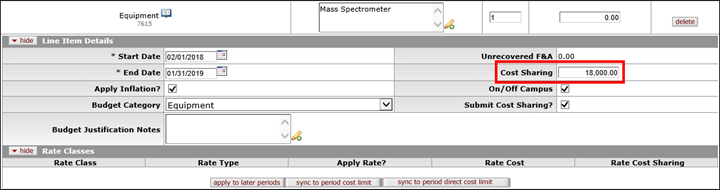 Line item details including facilities and administrative costs associated with the cost shared non-personnel line item