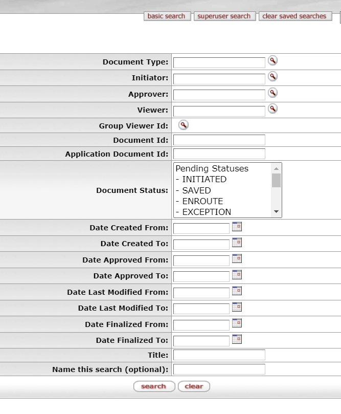 Document Search screen