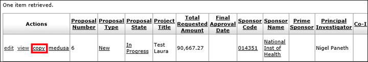 The copy action selected in the Actions column