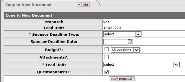 The Copy to New Document panel on the Proposals Actions tab