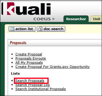 The Search Proposals link highlighted under the Proposal subsection of the Kuali Coeus main menu