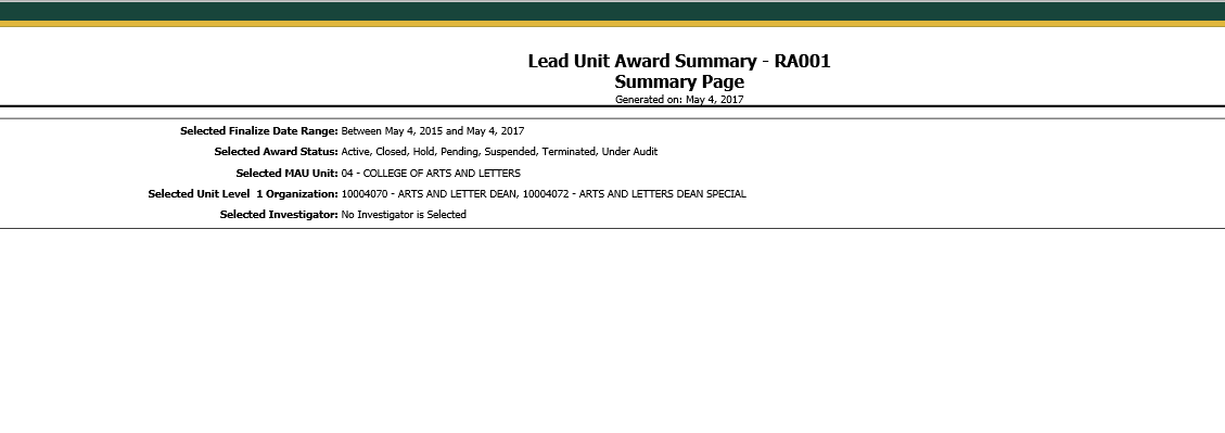 The Lead Unit Award Summary page in Kuali Coeus