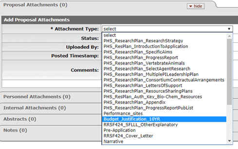 Budget Justification 10 year highlighted in the Add Proposal Attachments attachment type dropdown