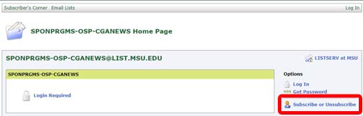 Subscribe or unsubscribe link on the Sponsored Programs / OSP / CGA News Home Page