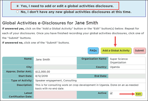 Add a Global Activitiy Disclosure button highlighted on the Global Activities e-Disclosure form
