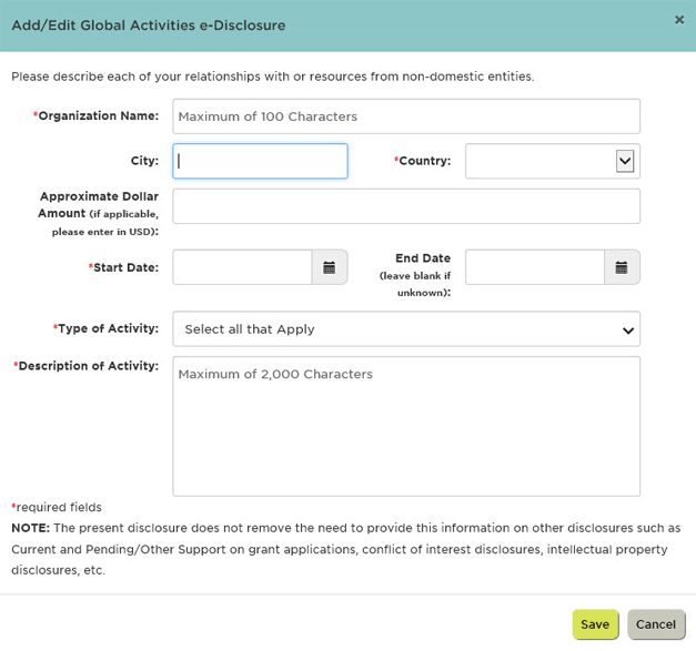 Fields that must be completed: Organization Name, Country, Start Date, Type of Activity, Description of Activity