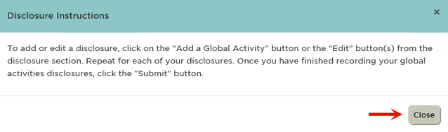 Close button indicated on the Disclosure Instructions box