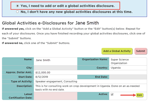 Yes, I need to add/edit a global activities disclosure statement highlighted above an example disclosure and Edit button