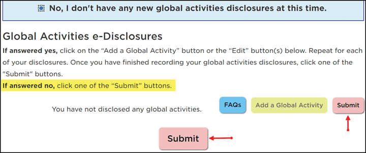 Submit Buttons indicated when the No option is selected